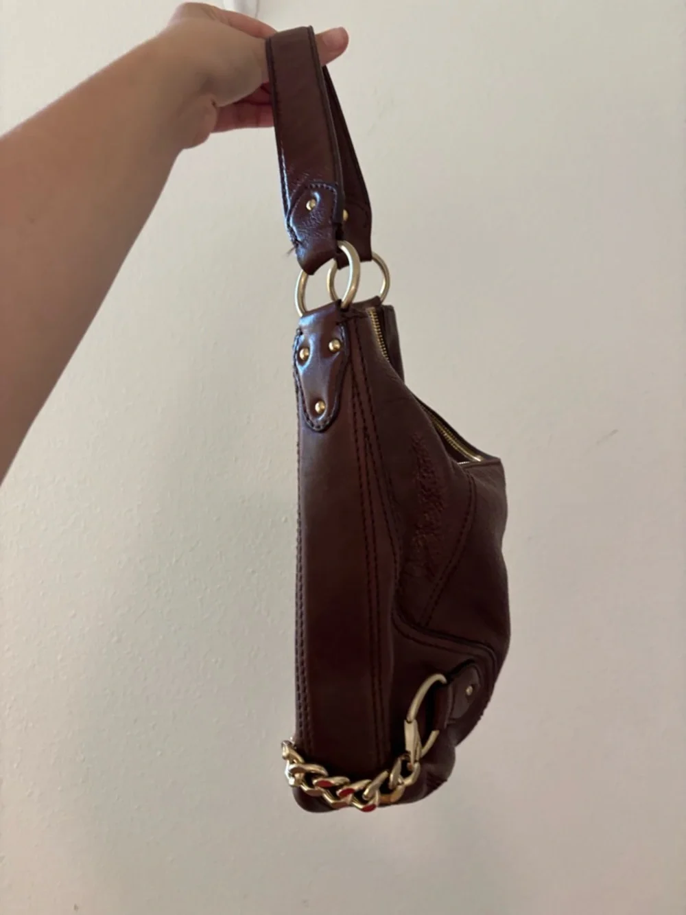 Vintage Michael Kors brown leather hobo shoulder bag with gold chain details
